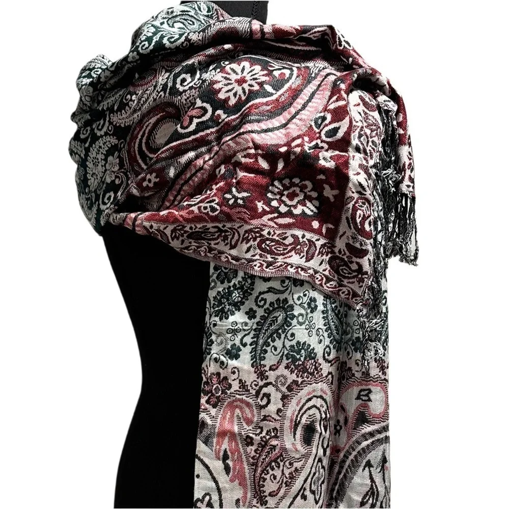 Elegant Shawl in Green & Red Paisley -Versatile Wrap, Scarf, or Veil, Soft Rayon
